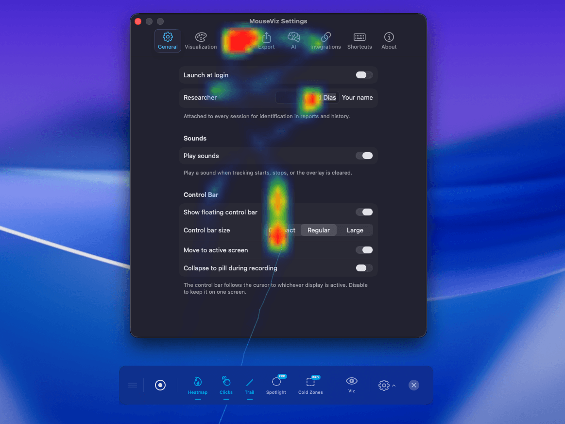 MouseViz app interface showing heatmap visualization on macOS